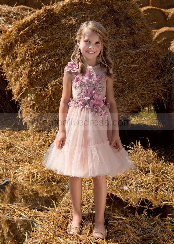 Mauve Lace Tulle Buttons Back Short Flower Girl Dress